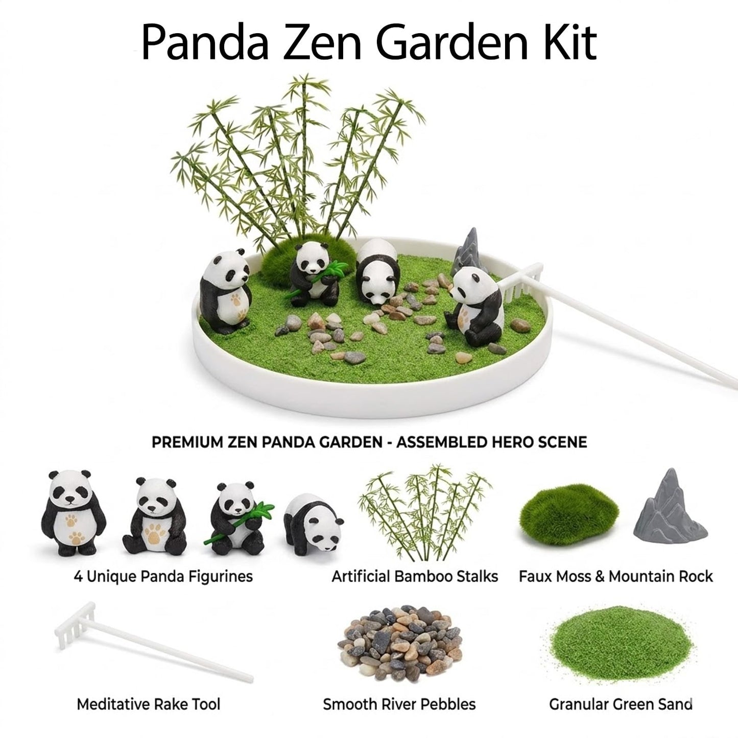 Panda Zen Garden Kit, Desktop Zen Garden,with Haystack,Rockery,Rake and Landscape Stones,for Home Office Desk Decor & Stress Relief