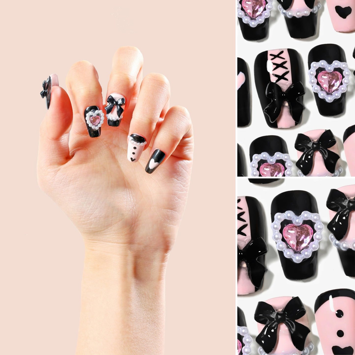 Sun&Beam Nails Handmade Press-on Square Round Trapezoid Nail Design False Nail Tips Pink and Black with Ribbon Stylish 10 Pcs Set (#149 M)