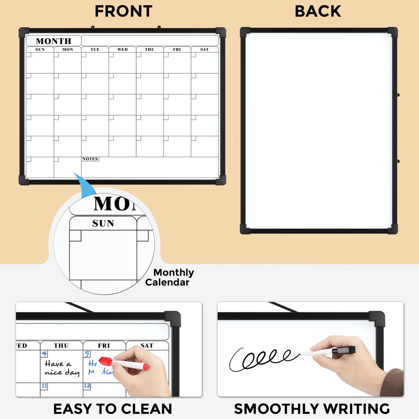 MaxGear Monthly Calendar Dry Erase Board for Wall, 16"x12" Small Hanging Double-Sided White Board, Portable Whiteboard for Planning, Drawing, Memo, to Do List, School, Home, Office, Black Frame