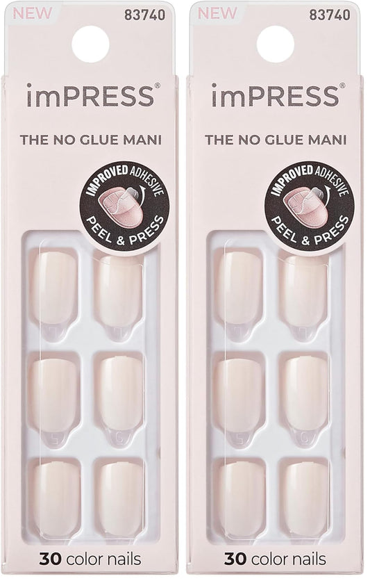 KISS imPRESS No Glue Mani Press On Nails, Color, 'Point Pink', Pink, Short Size, Squoval Shape, Includes 30 Nails, Prep Pad, Instructions Sheet, 1 Manicure Stick, 1 Mini File (Pack of 2)