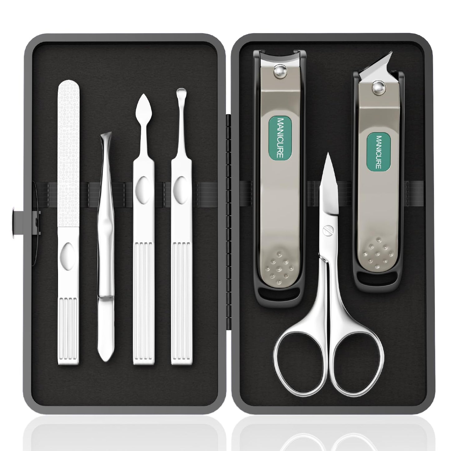 ESSBES Professional Manicure Set for Men & Women, 7-Piece Stainless Steel Nail Grooming Kit with Large Nail Clippers, Travel Manicure Kit in Black PU Leather Case