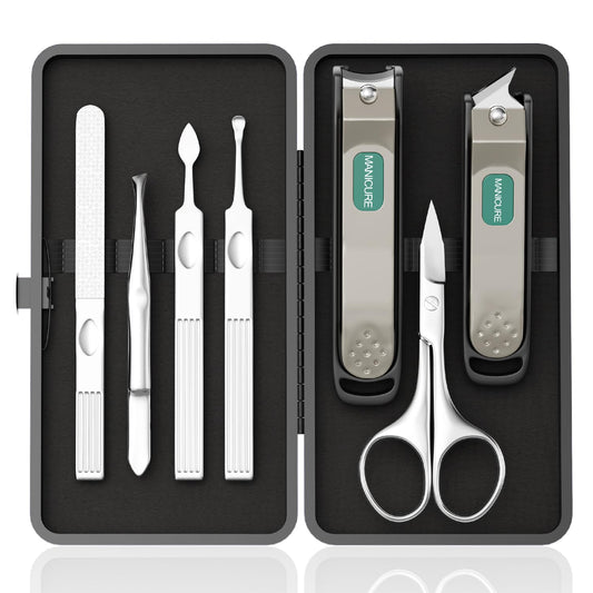 ESSBES Professional Manicure Set for Men & Women, 7-Piece Stainless Steel Nail Grooming Kit with Large Nail Clippers, Travel Manicure Kit in Black PU Leather Case