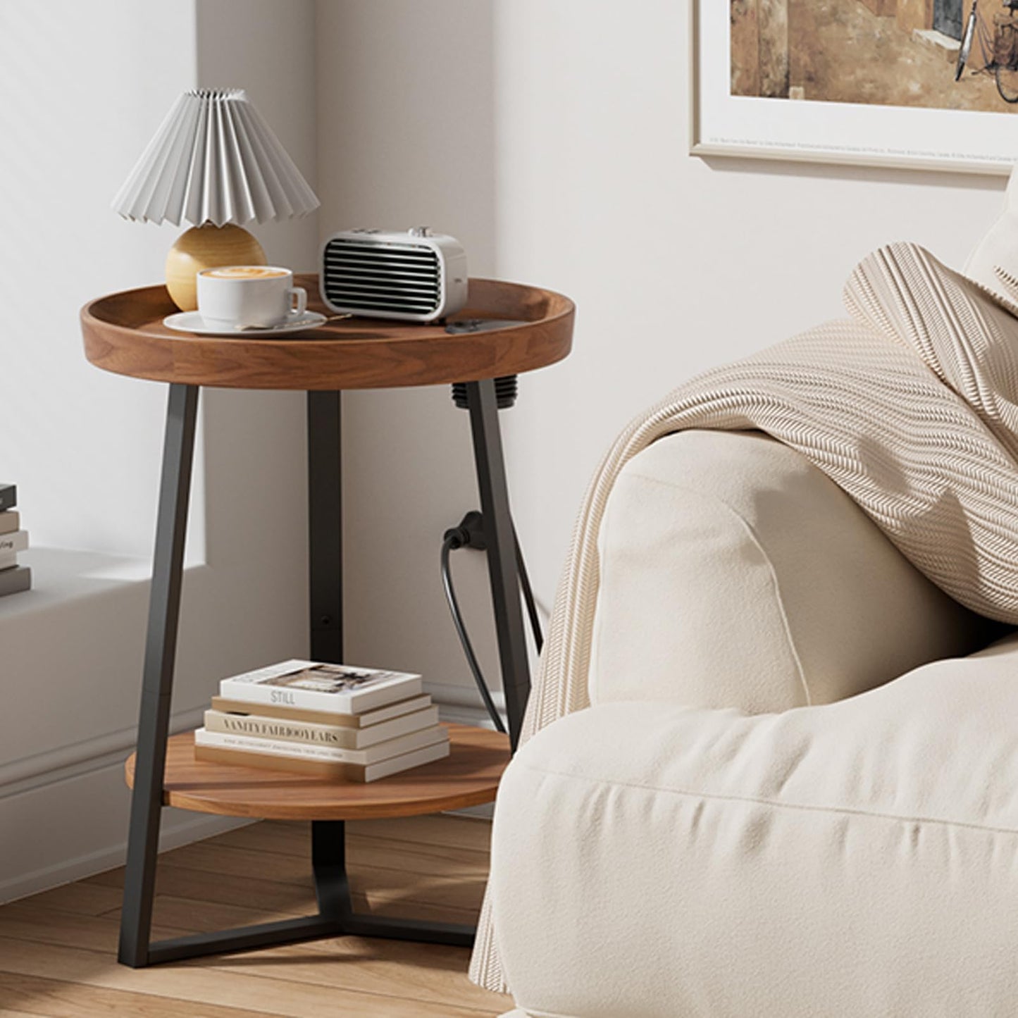 Gadroad Round End Table with Charging Station, USB Ports, Wood Tabletop & Black Metal Frame, 2-Tier Side Table for Living Room, Bedroom, Brown 15.7 * 15.7 * 23.0inches