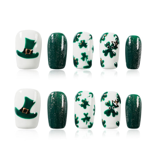 Tesytto Medium Coffin Press On Nails, Green Glitter & White Fake Nails with 3D Green Hat & Clover Print, Handmade Acrylic Nails Glossy Full Cover False Nails (Size M)