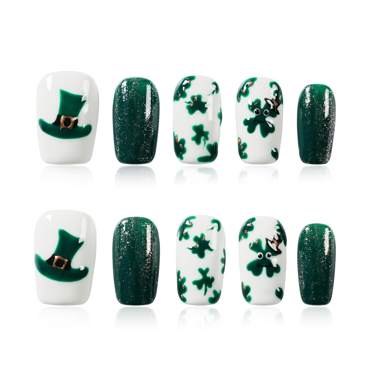 Tesytto Medium Coffin Press On Nails, Green Glitter & White Fake Nails with 3D Green Hat & Clover Print, Handmade Acrylic Nails Glossy Full Cover False Nails (Size L)