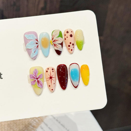 NLSJMP 3D handmade nails press on false nails,Thick Strong Waterprooft almond hand-painted gentle cute colorful beauty stereoscopic acrylic fake nails designed kit,10 Nails, Size L #3333