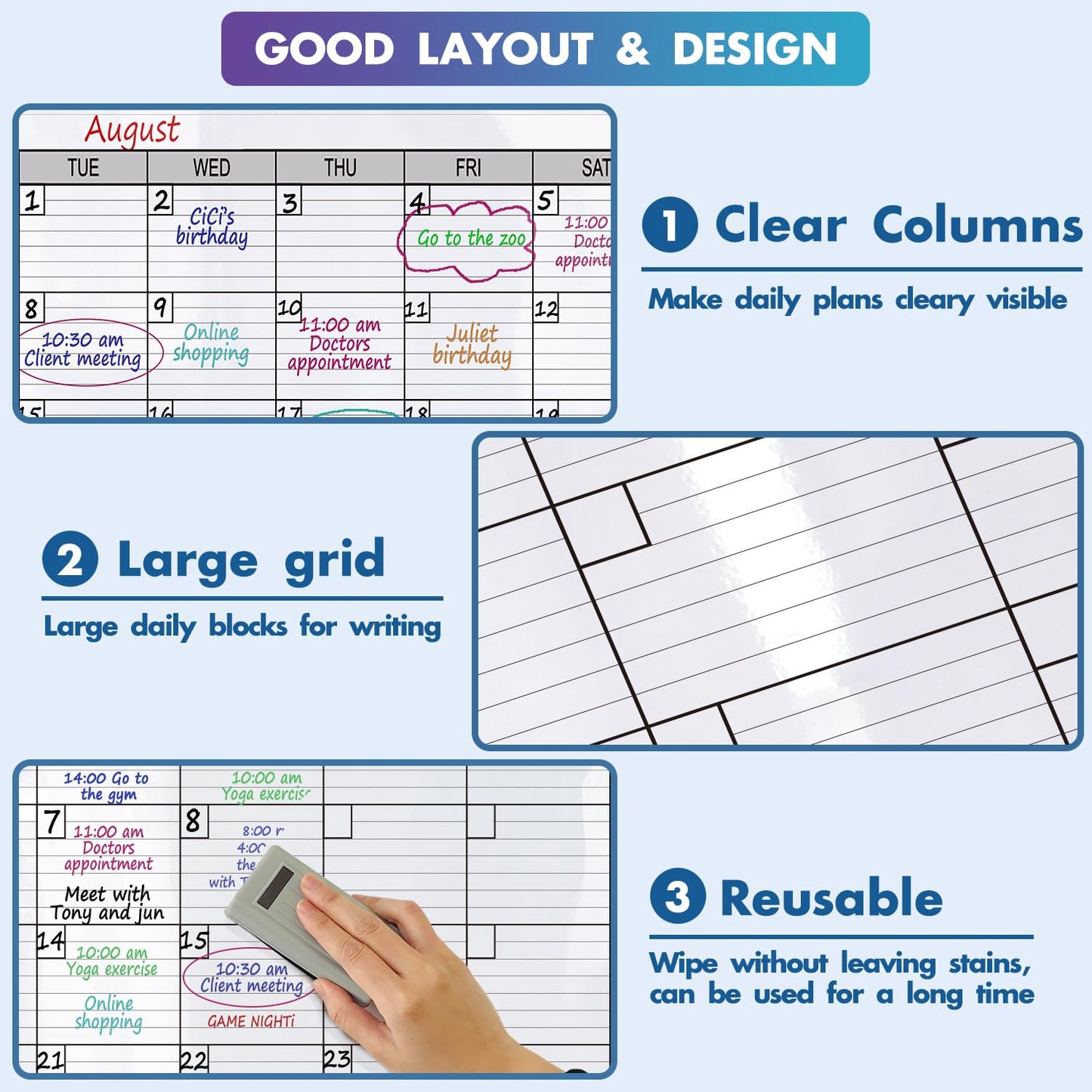 Dry Erase Monthly Extra Large White Board Calendar for Wall, 38" by 50", Jumbo Laminated Erasable One Month Whiteboard Calendar, Huge Oversized Blank 30-Day Poster with Lines and Squares