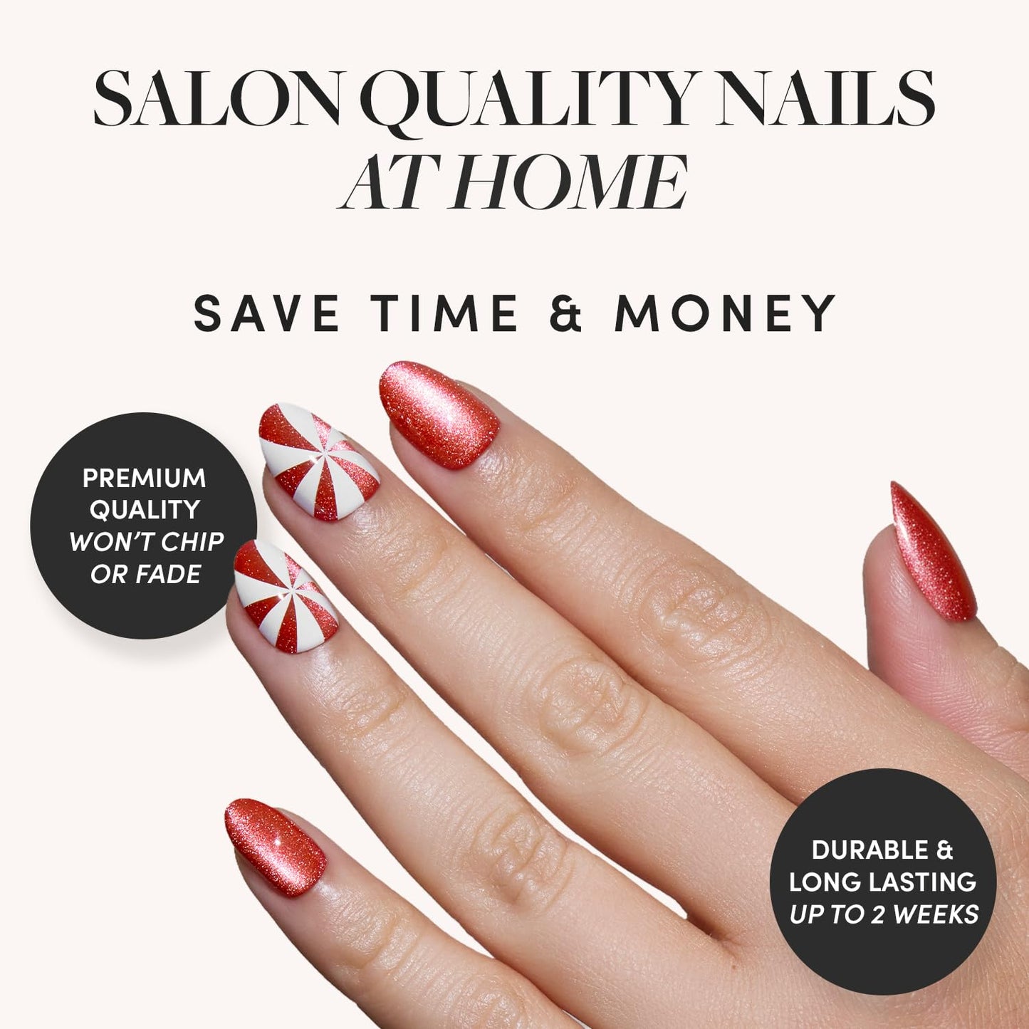 Glamnetic Press-On Nails Bundle - Candy Crush, Snow Bunny & Pink Comet | Short Oval Fake Nails with Candy Cane Swirl Design and Velvet Finish | Pale Blue Short Almond Fake Nails with French Tips & 3D