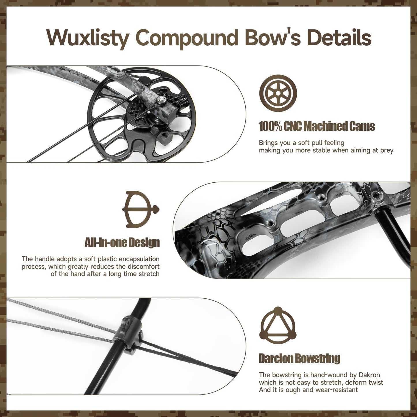 Wuxlisty Compound Bows Draw Weight 30-70lbs Ready to Shoot, Bow and Arrow Set for Adults, Archery Hunting Bow Set Come with All The Accessories (Camo)