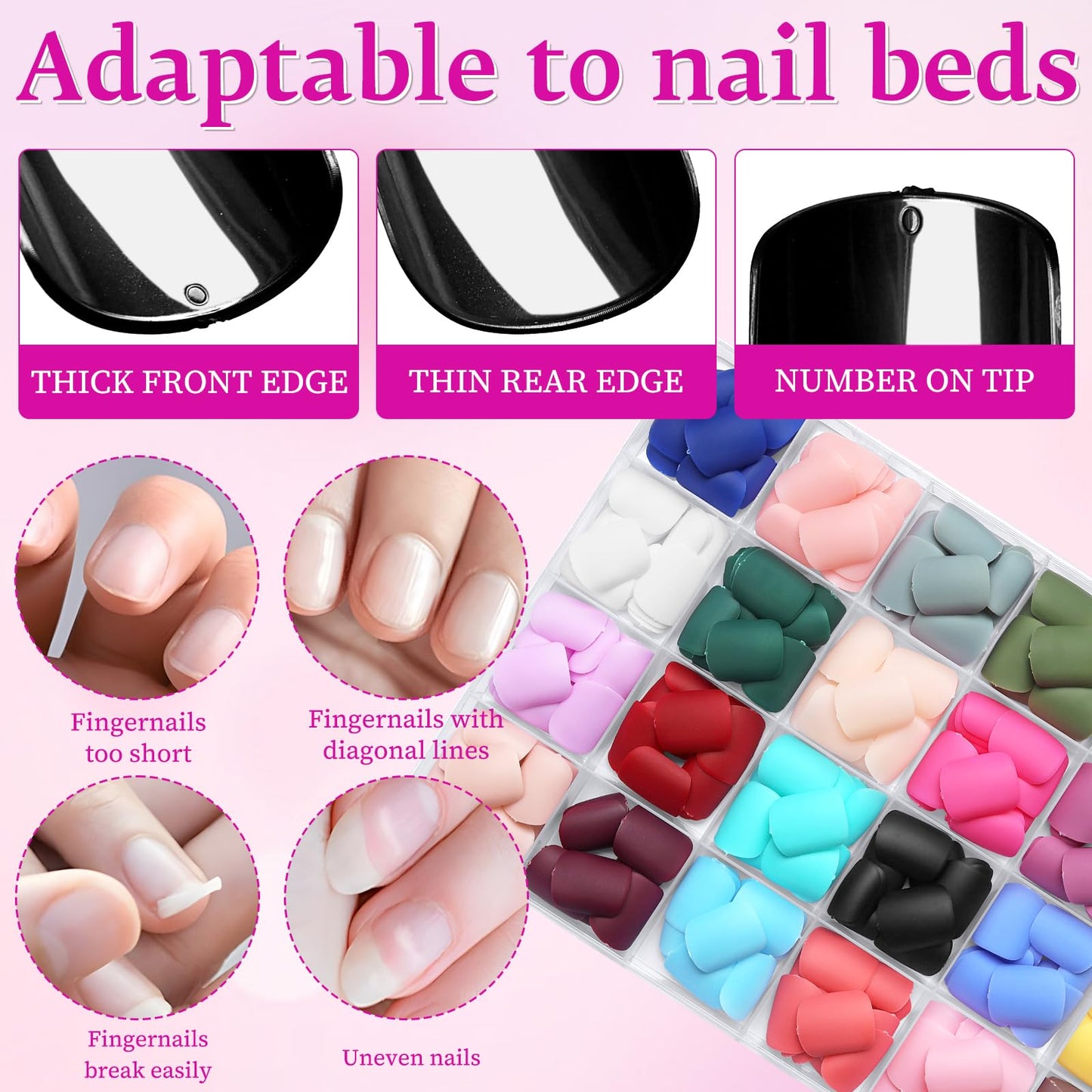 LoveOurHome 576pc Matte Sqaure Press on Nails Short Fake Nail with Glue Tabs, Short Glue on Nails Press ons Nail Square Acrylic Nails Christmas False Nails Women Kids Stick Artificial Fingernail