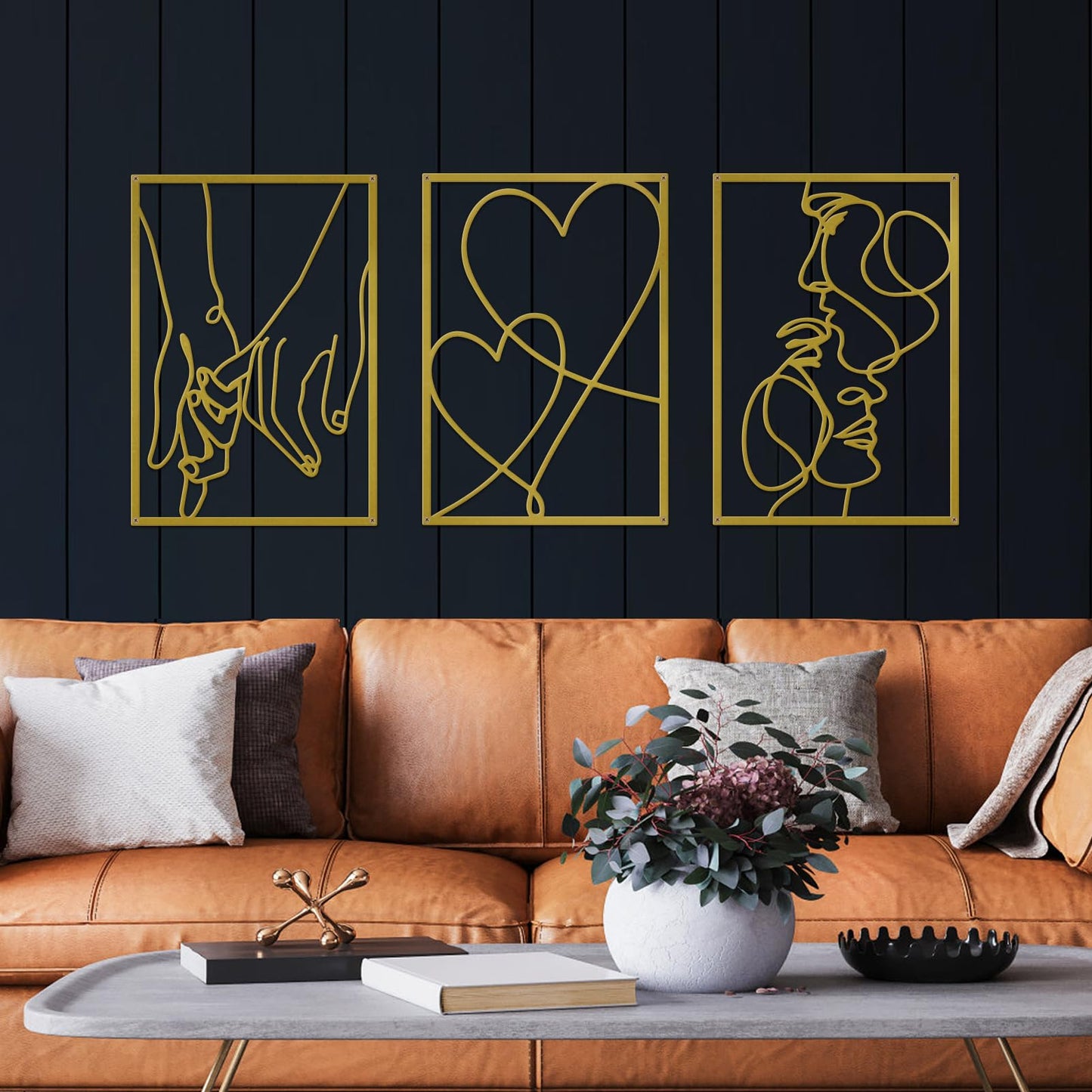 ESTART 3 Pieces Metal Minimalist Line Wall Art, Valentine's Day Lover Kiss Hand Metal Wall Decor, Aesthetic Modern Home Hanging Wall Art Decor for Bedroom Bathroom Living Room (Gold)