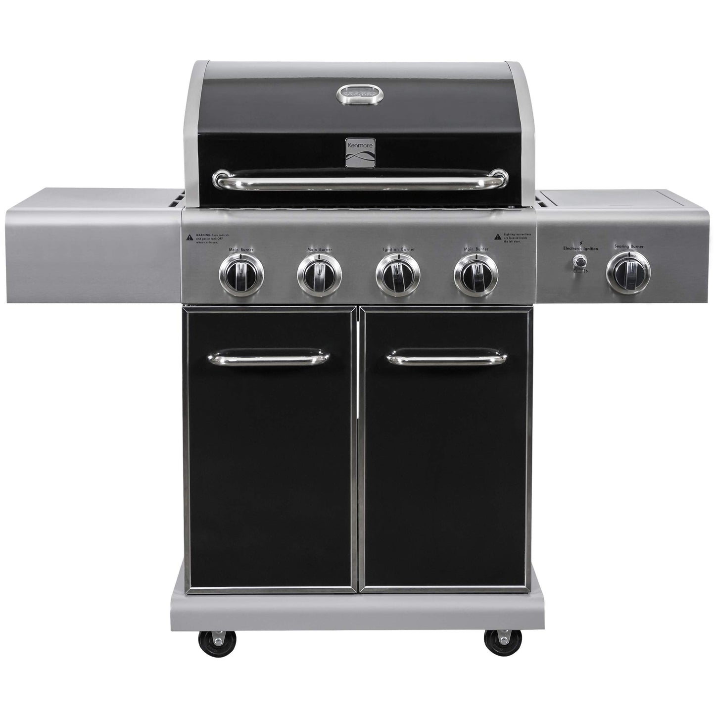 Kenmore 4-Burner BBQ Gas Grill with Searing Side Burner, Propane Grill, 52,000 BTUs, Warming Rack, Electronic Ignition & Cast Iron Cooking Grates, Black/Stainless Steel