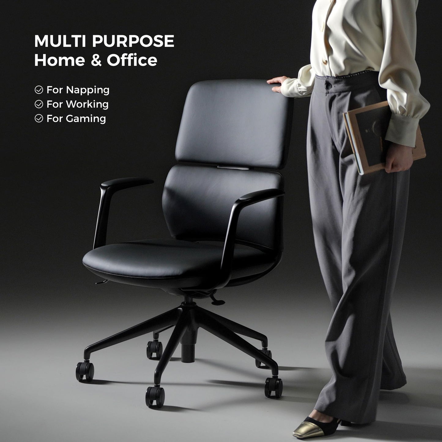 TOMU Genuine Leather Office Desk Chair with Wheels, Ergonomic Leather Executive Chair, Mid Back, Swivel Base with Adjustable Tilt, Modern Style, Luxury Aluminum Frame (Black)
