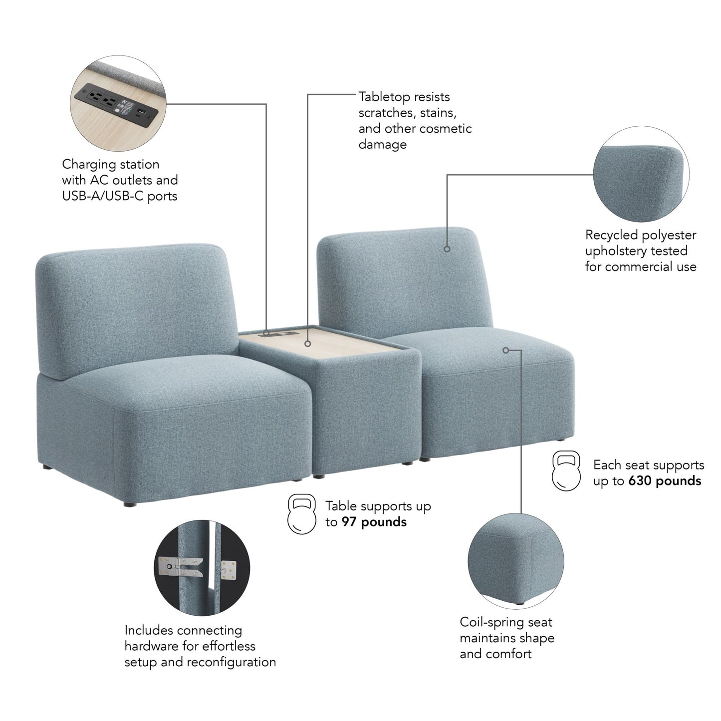 Bush Business Furniture Modular 2 Seater Sectional with Charging Station, Guest Seating for Lobby or Reception Area, Assemble Collection, Mist Fabric