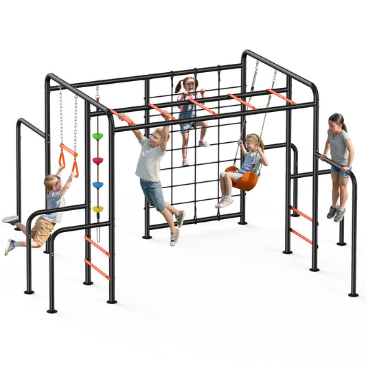 Hapfan Outdoor Jungle Gym with Monkey Bars Frame, 5-in-1 550lbs Heavy-Duty Metal Swing Sets for Backyard with Climbing Net & Rope, Trapeze Swing Bar, Belt Swing, Gymnastics Bars, Kids Playground Set