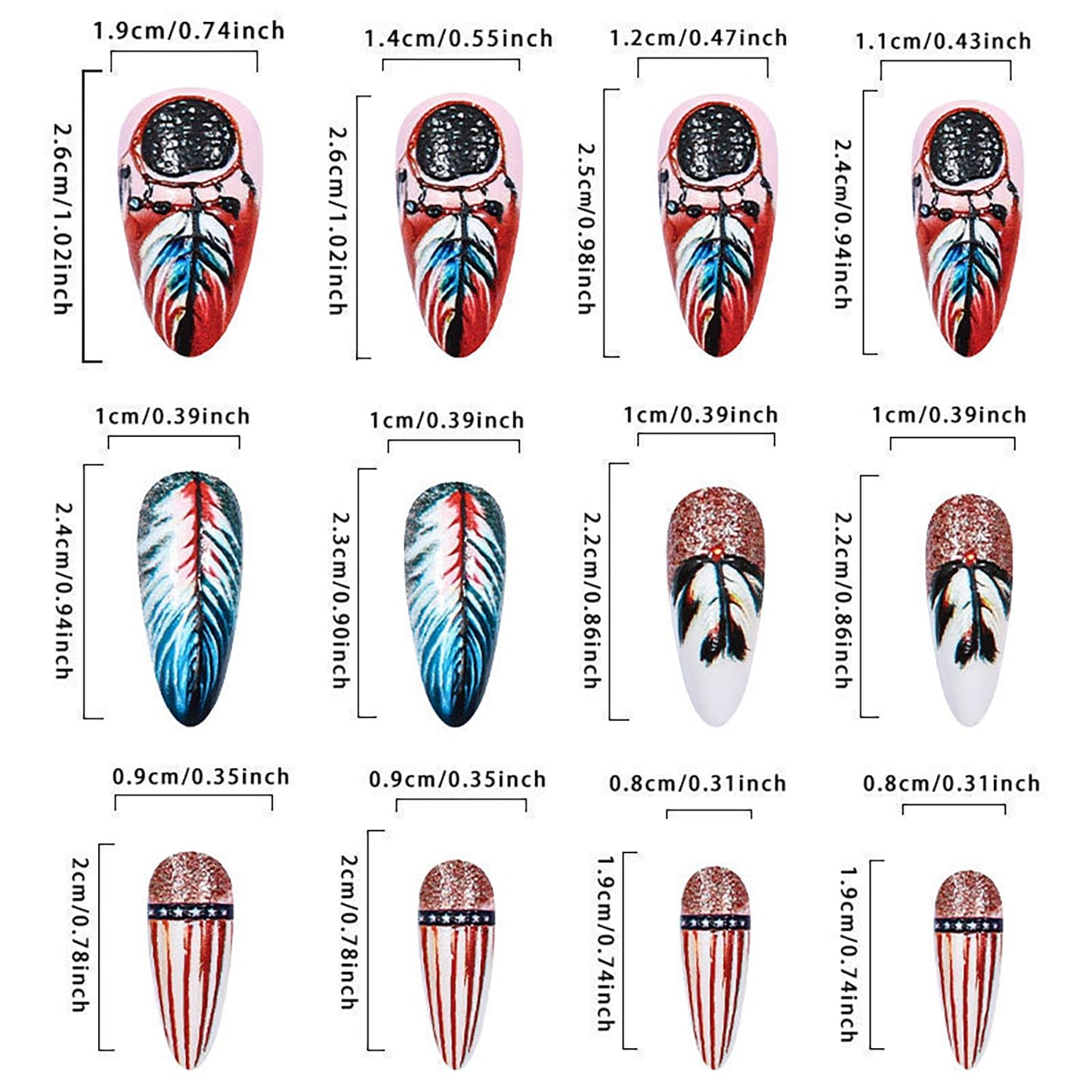 Press on Nails Almond Medium Colorful Feather Gradient Design Glitter Powder False Nail Full Cover Glossy Acrylic Artificial Stick on Nails Press Ons Handmade DIY Reusable Glue on Nail for Women 24Pcs