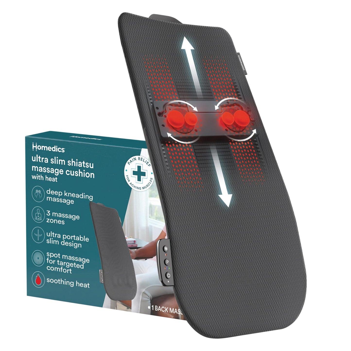 Homedics Ultra Slim Shiatsu Massage Cushion with Heat – Full Back Coverage, Deep Kneading Massage, 3 Zone Control (Upper/Lower/Full), Soothing Heat, Slim Profile, Portable Design, Fits Most Chairs