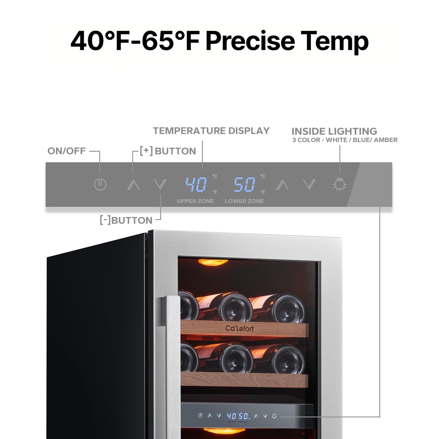 Ca'Lefort 15 Inch Wine Fridge, 28 Bottle Wine Cooler Refrigerator, 40-65°F Wine Refrigerator Glass Door, 3 LED Dual Zone Wine Fridge, Built-in or Freestanding Fridge for Home/Bar/Kitchen (3.0 cu.ft)
