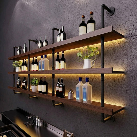 Solid Wood Wine Racks Wall Mounted with LED Lights, Modern Metal Wine Bottles Display Shelf, Industrial Iron Floating Lighted Bar Liquor Whiskey Shelves Rack for Home & Dining Room(150CM/59IN)