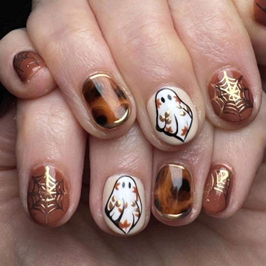 BABALAL Brown Press on Short Artificial Nails 24pcs Acrylic French Tip, Gold Chrome, Fall Tortoise, Horror Ghost Halloween, Square, Spider Web, Gothic, Squoval, Manicure Full Cover