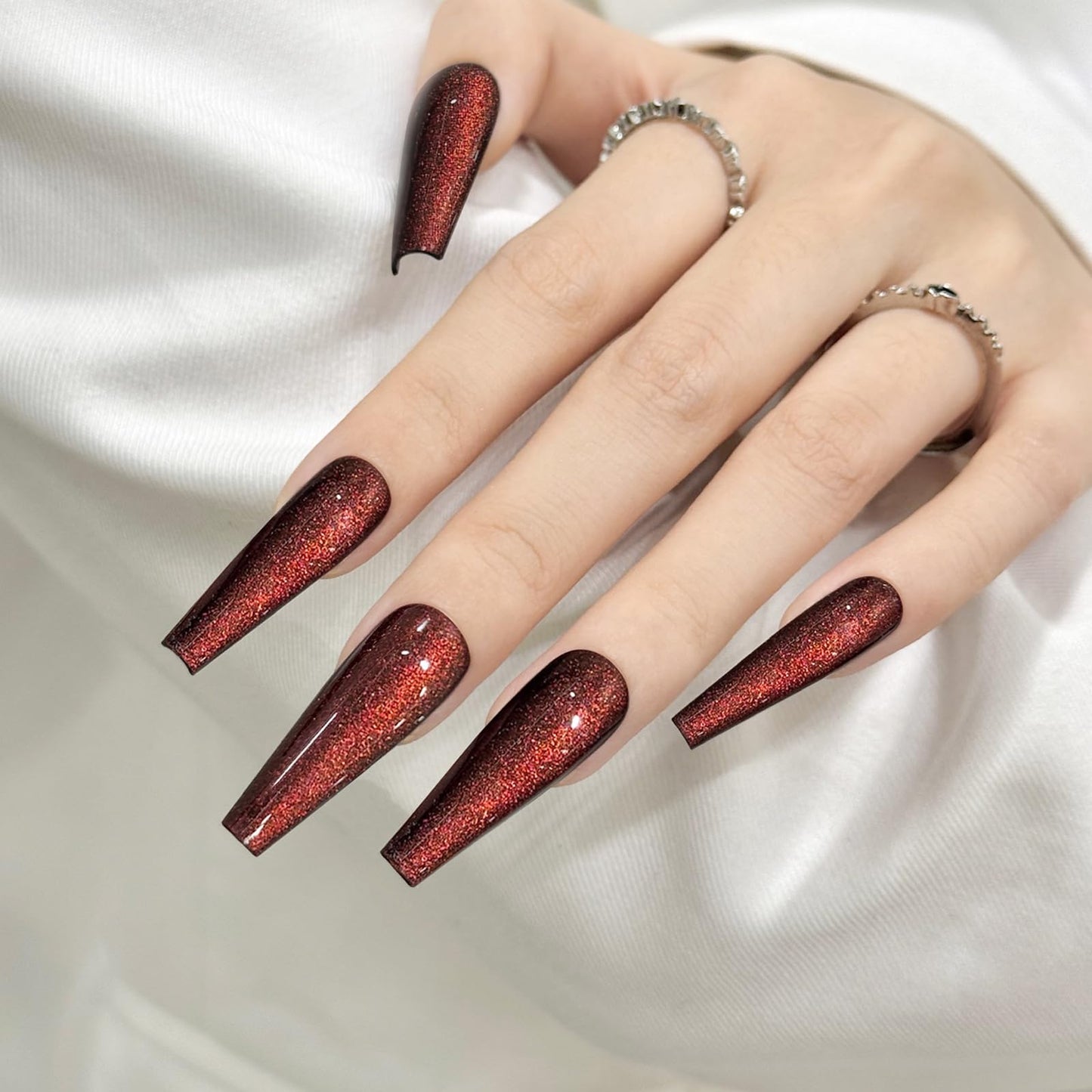 Orange Brown Cat Eyes Press On Nails,12 Sizes-24 Pcs Soft Gel Orange Brown Long Coffin Fake Nails Kit with Nail Glue, Natural Reusable Stick On False Nails for Women and Girls SK1044
