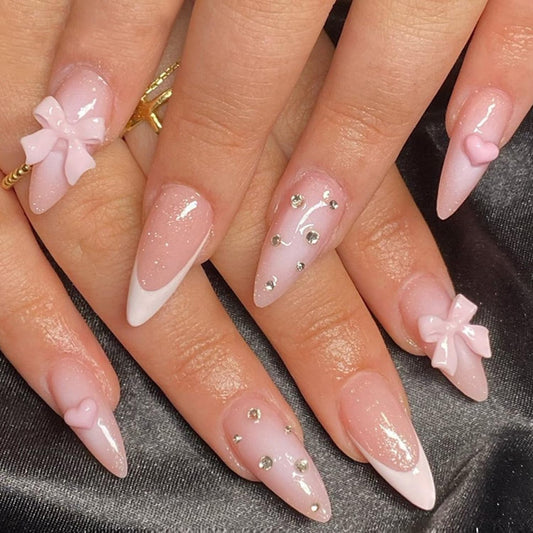 24Pcs French Tip Press on Nails Medium Almond Fake Nails French Heart Nails Press ons 3D Bow Charms Cute Design Manicure Rhinestone Bows False Nails Stick on Nails for Women