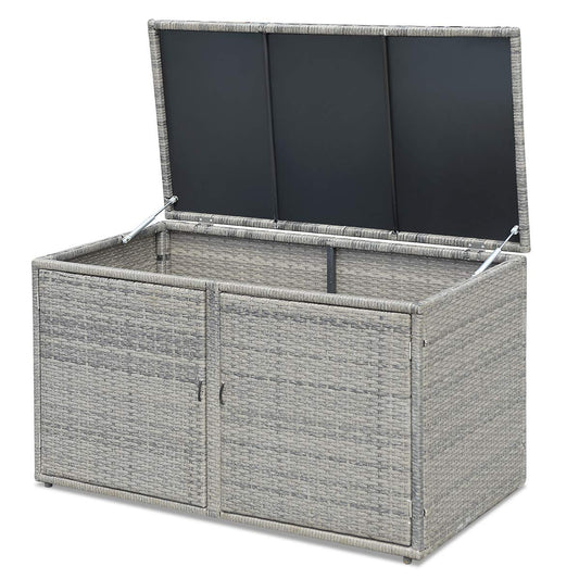 RELAX4LIFE PE Wicker Storage Box - Outdoor 88 Gallon 2-Tier Deck Box for Patio Furniture Toys Storage w/Lid & Front Doors, All Weather Rattan Storage Bin for Backyard Garden Poolside Porch (Grey)