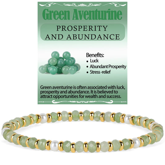 QOGIR Green Aventurine - Prosperity - 14K Gold Plated Beads Natural Gemstone Stretch Elastic Dainty Healing Beaded Bracelets Gifts 2x4mm