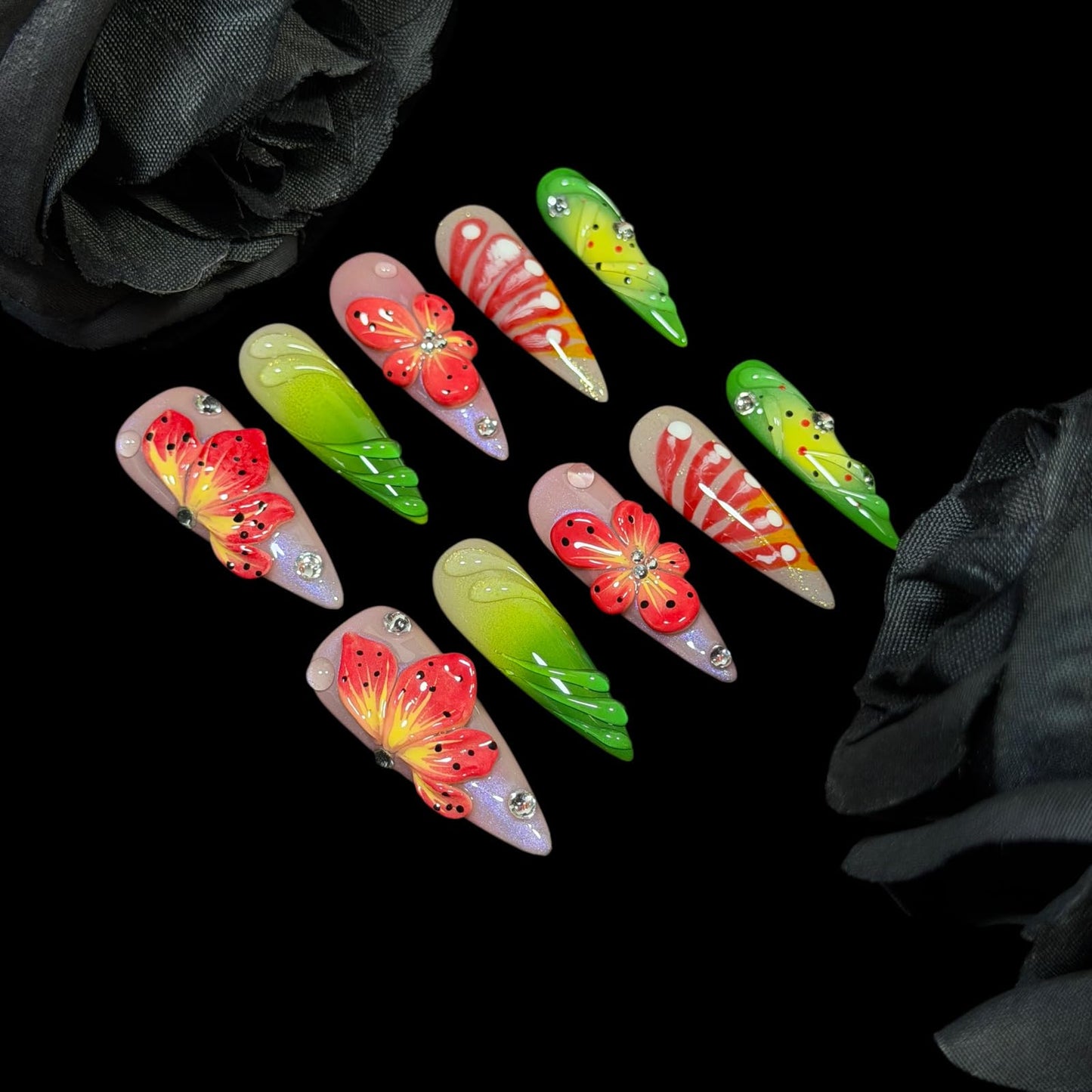 Handmade Press On Nails, Stiletto Shape, 3D Floral Botanical Muse Art, Vibrant Multi-Color Design, Thick Acrylic Fake Nails Set Tropical (S)