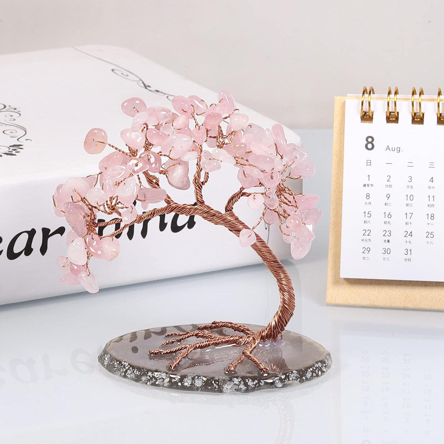 mookaitedecor Natural Rose Quartz Crystal Money Tree Agate Slice Base Feng Shui Bonsai Crystal Tree for Wealth Luck Desk Decor, 3-4 Inch High