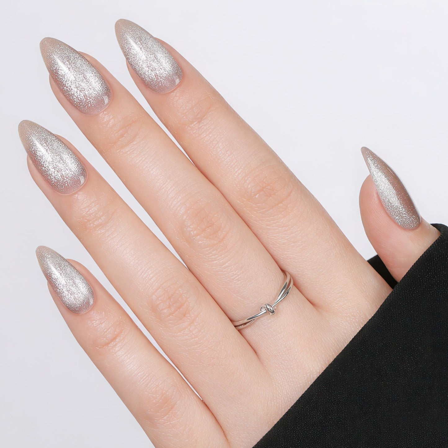 UNA GELLA 32Pcs Soft Gel Press on Nails - 16 Sizes Silver Cat Eye Almond Glue on Nails, Reusable Glitter False Nails, Full Cover Acrylic Nail Kit for Women DIY Home Manicure