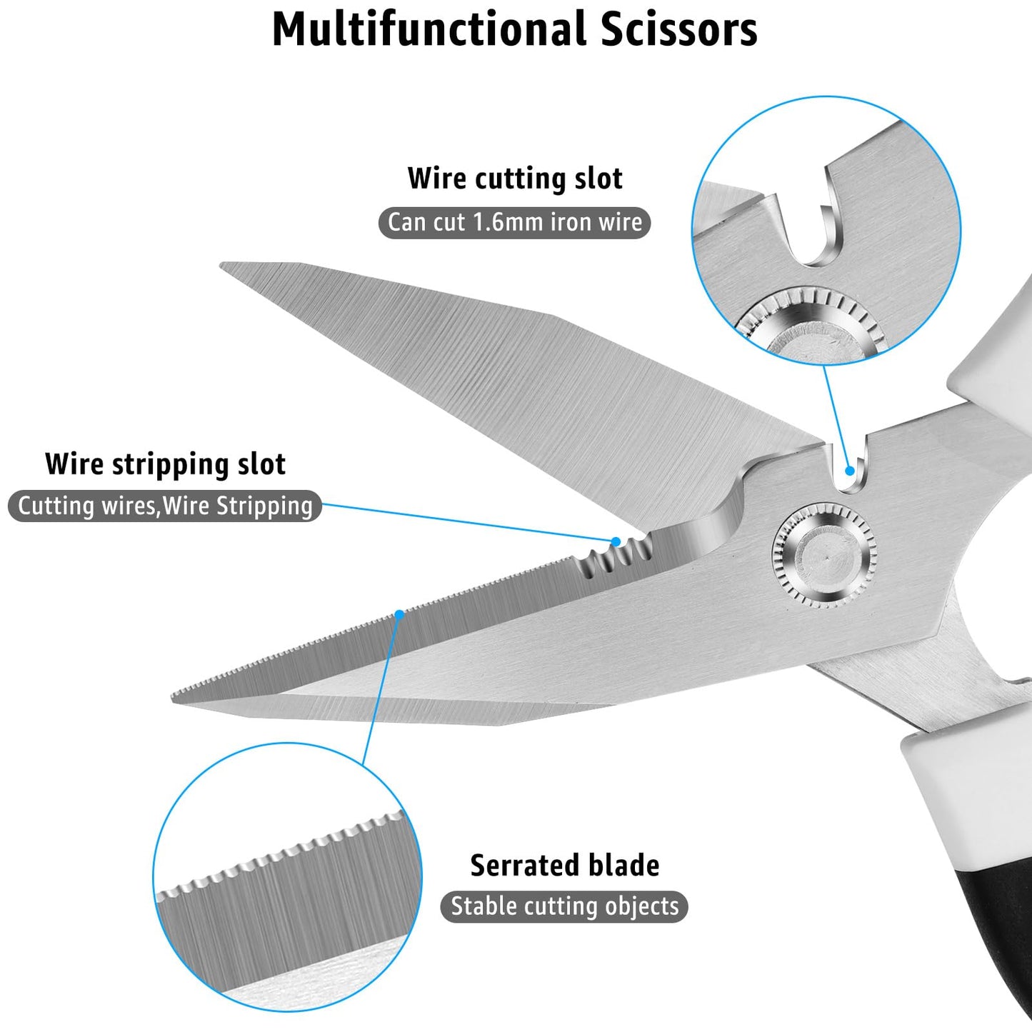 BoFuYuan 8-Inch Utility Scissors All Purpose Heavy Duty, Serrated Blade, White Comfort Grip for Cutting Carpet, Cardboard, Leather, Fabric, Multipurpose Sharp Shears for Kitchen, Garden, Office, Carft