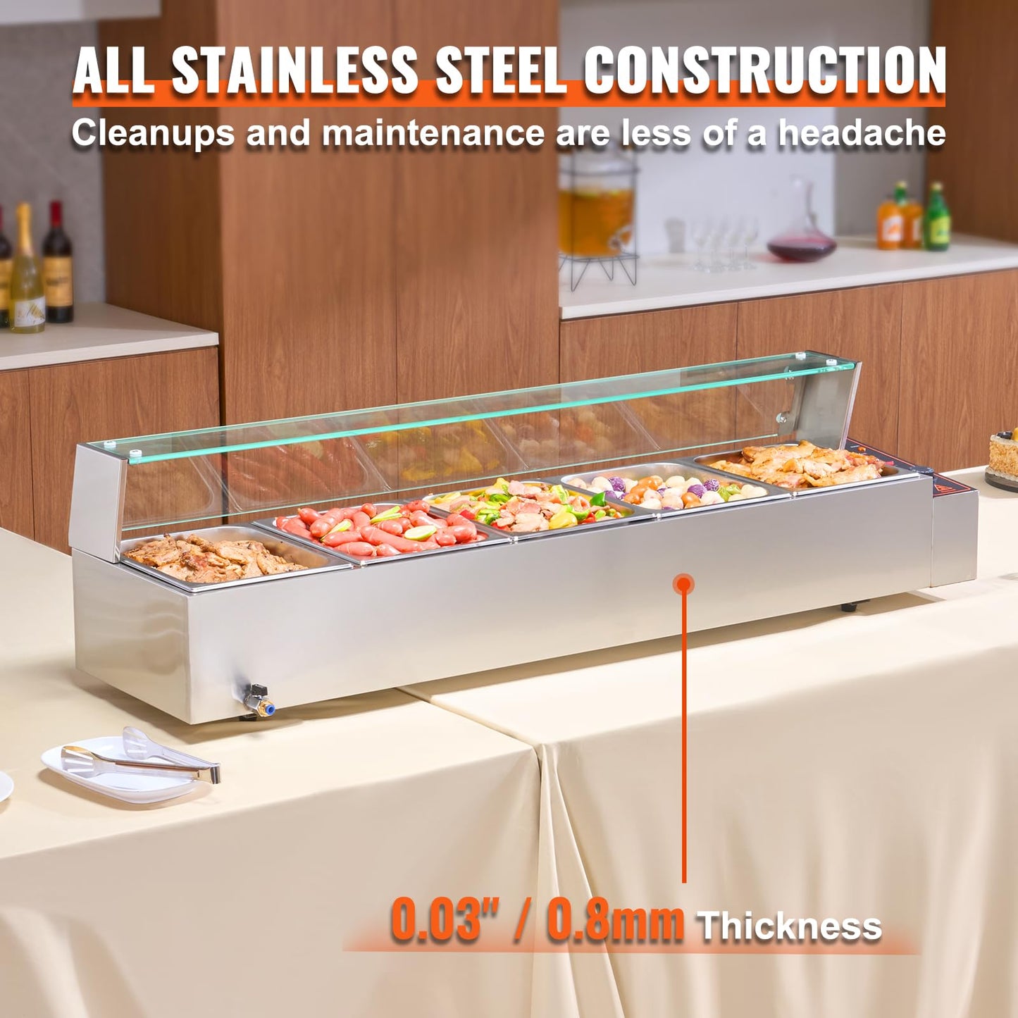 VEVOR 5-Pan Commercial Food Warmer, 5 x 12QT Electric Steam Table with Glass Cover, 1700W Countertop Stainless Steel Buffet Bain Marie 86-185°F Temp Control for Catering, Restaurants, Silver