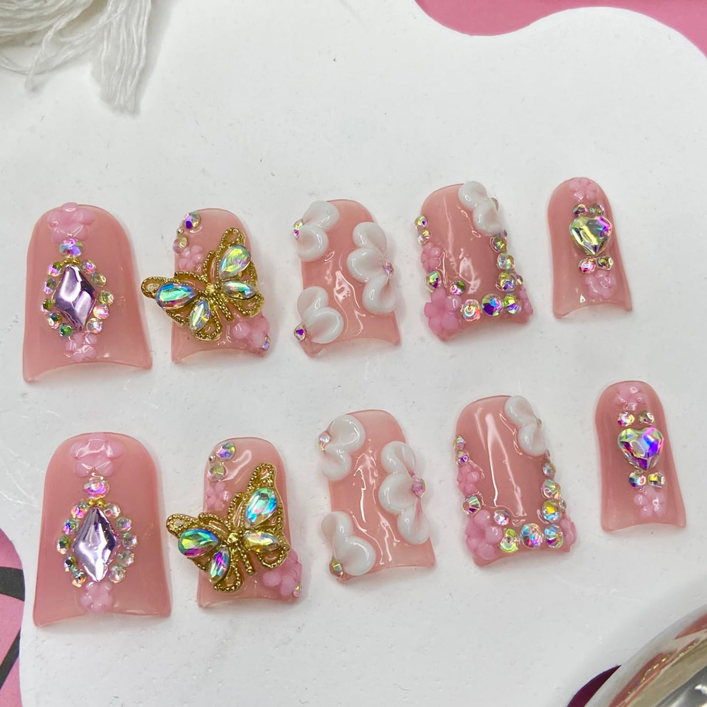 Handmade Press on Nails Butterfly Press on Nails Short Duck Shaped Fake Nails Rhinestones Acrylic Nails Full Cover Reusable Flower False Nails for Women Girls Nail Accessories (Size M)