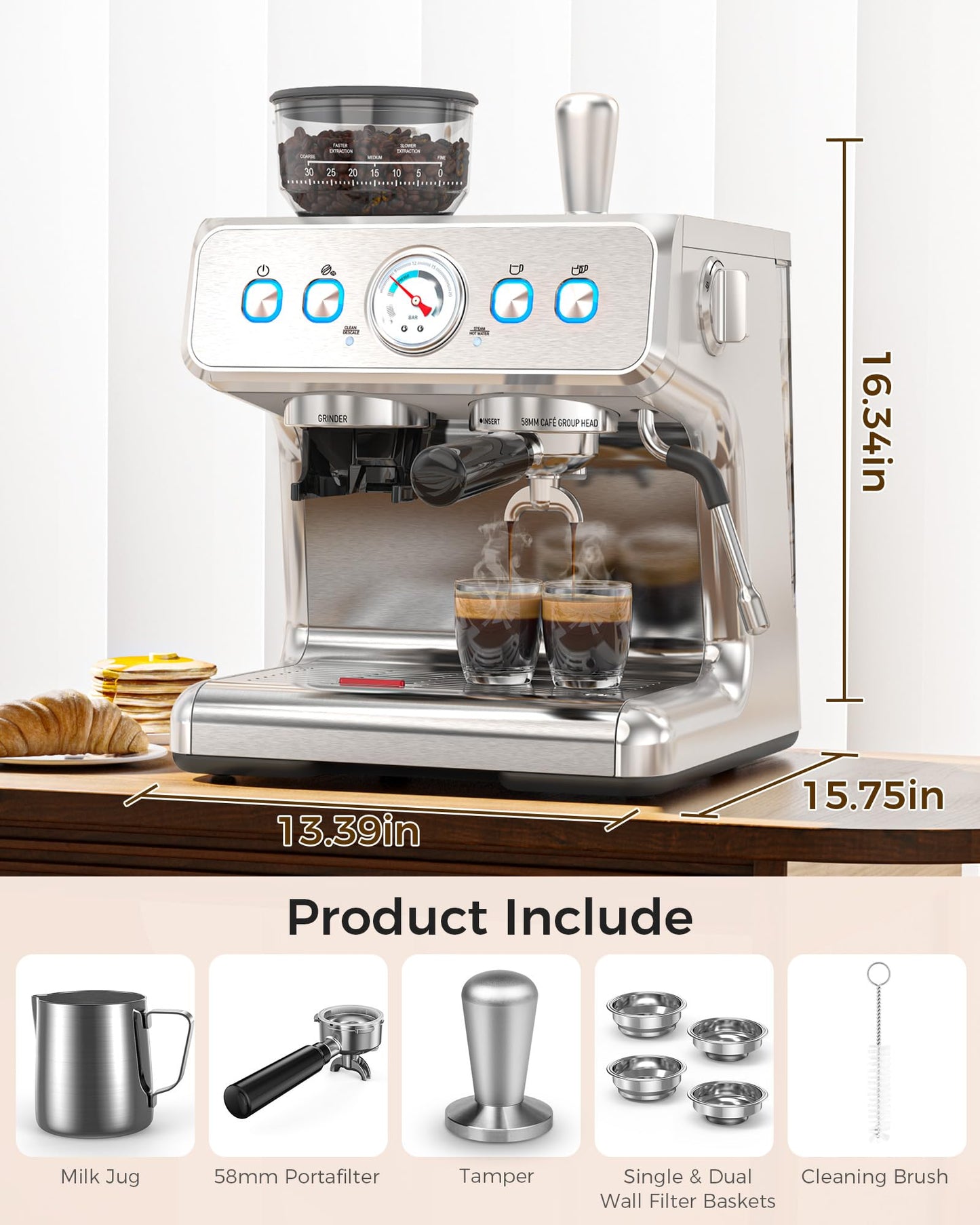 COWSAR Espresso Machine with Grinder, Commercial Expresso Coffee Machines with Dual Boiler, Use Milk Frother and Brew Coffee Machine Simultaneously, Coffee Maker Cappuccino Latte, 95oz Water Tank