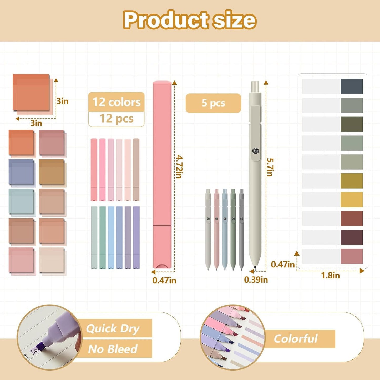 Jutom 39 Pcs Aesthetic Book Annotation Kit Highlighter with Pencil Case Bag Gel Pen Transparent Sticky Note Taking Bible Study College School Supplies(Khaki,Cute Style)
