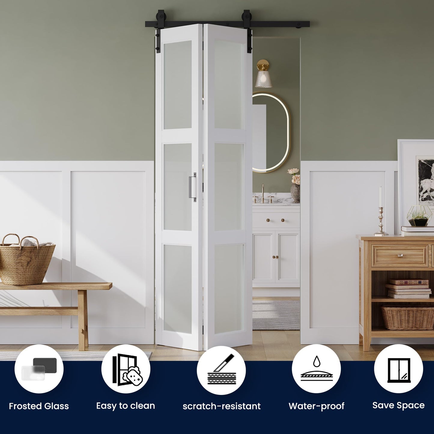 SMARTSTANDARD 36in x 84in Bifold Barn Door, Frosted Glass Barn Door with Hardware Kit Included, Pre-Drilled Holes Easy Assembly -Solid Barn Doors Slab Covered with Water-Proof PVC Surface, White