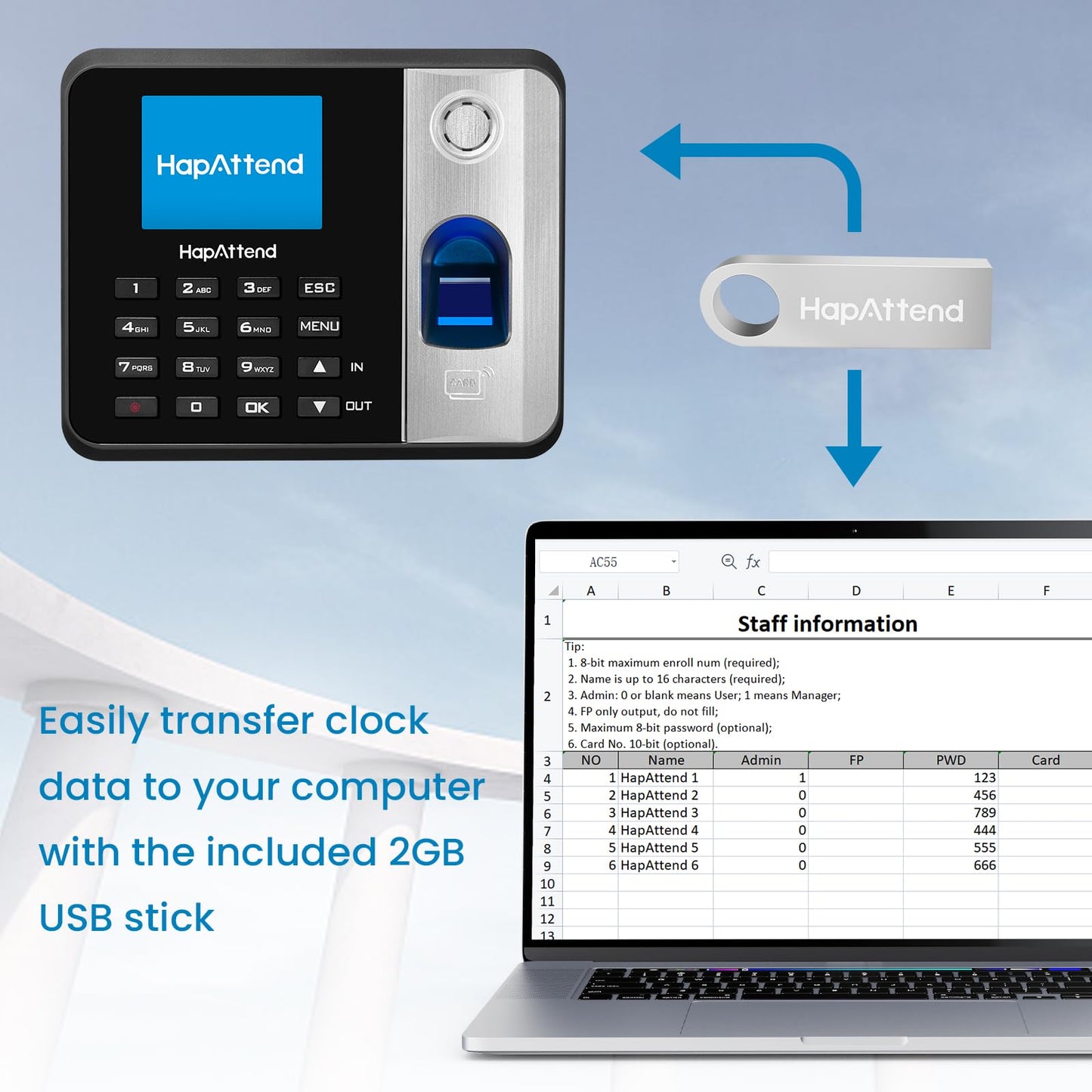 HapAttend Time Clocks for Employees Small Business Automatic Calculate Hours, H1＆ H2 No Monthly Fees Fingerprint Time Clock, Standalone Biometric Clock in Machine for Employees with 5 RFID Cards