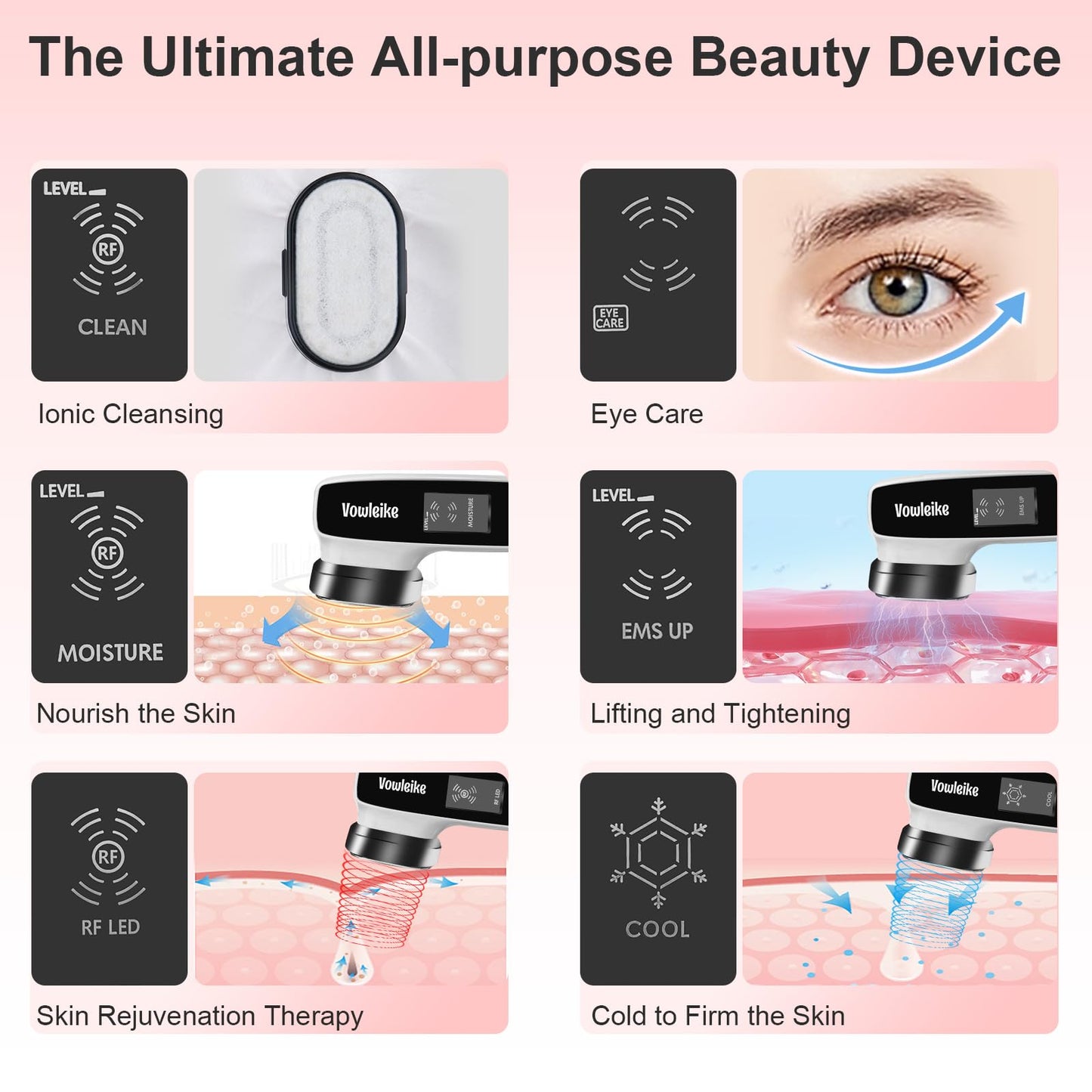 Microcurrent Facial Device, Vowleike 10 Key Benefits Skincare Face Massager with Stand, Rechargeable 6 in 1 Vibrating Facical Tool for Neck, Face and Body for Women, Ivory White