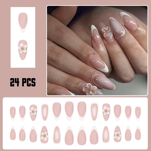 24Pcs 3D Embossed Flower Press on Nails Medium Almond Fake Nails white French Tip with Gold Pearl Design False Nails Cute Pink Floral Glossy Acrylic Artificial Stick Nails for Women DIY Manicure 24Pcs