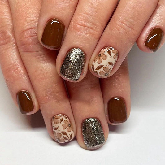Fall Press on Nails Short Fake Nails with Glitter & Flower Leaves Designs Square Nails Press ons Glossy Glue on Nails Red Brown Acrylic Nails Thanksgiving Artificial Stick on Nails for Women 24Pcs