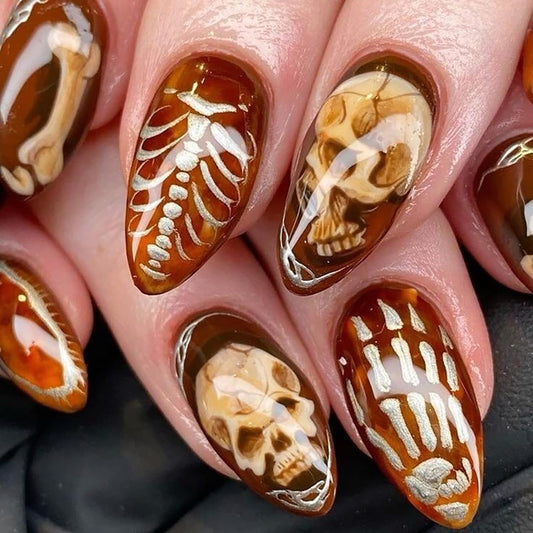 24Pcs Halloween Press on Nails Medium Almond White Skull Skeleton Hand Design Acrylic False Nail Full Cover Glossy Halloween Stick on Nails Press Ons Almond Glue on Nails for Women Festival Supplies