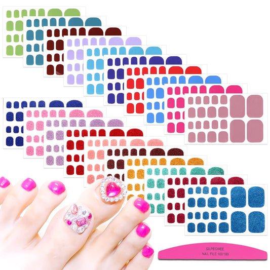 SILPECWEE 20 Sheets Toe Nail Wraps Glitter Solid Toenail Polish Strips for Women Toenail Stickers Gel Nail Strips Self Adhesive Toe Nail Stickers for Nail Art Accessories with Nail File