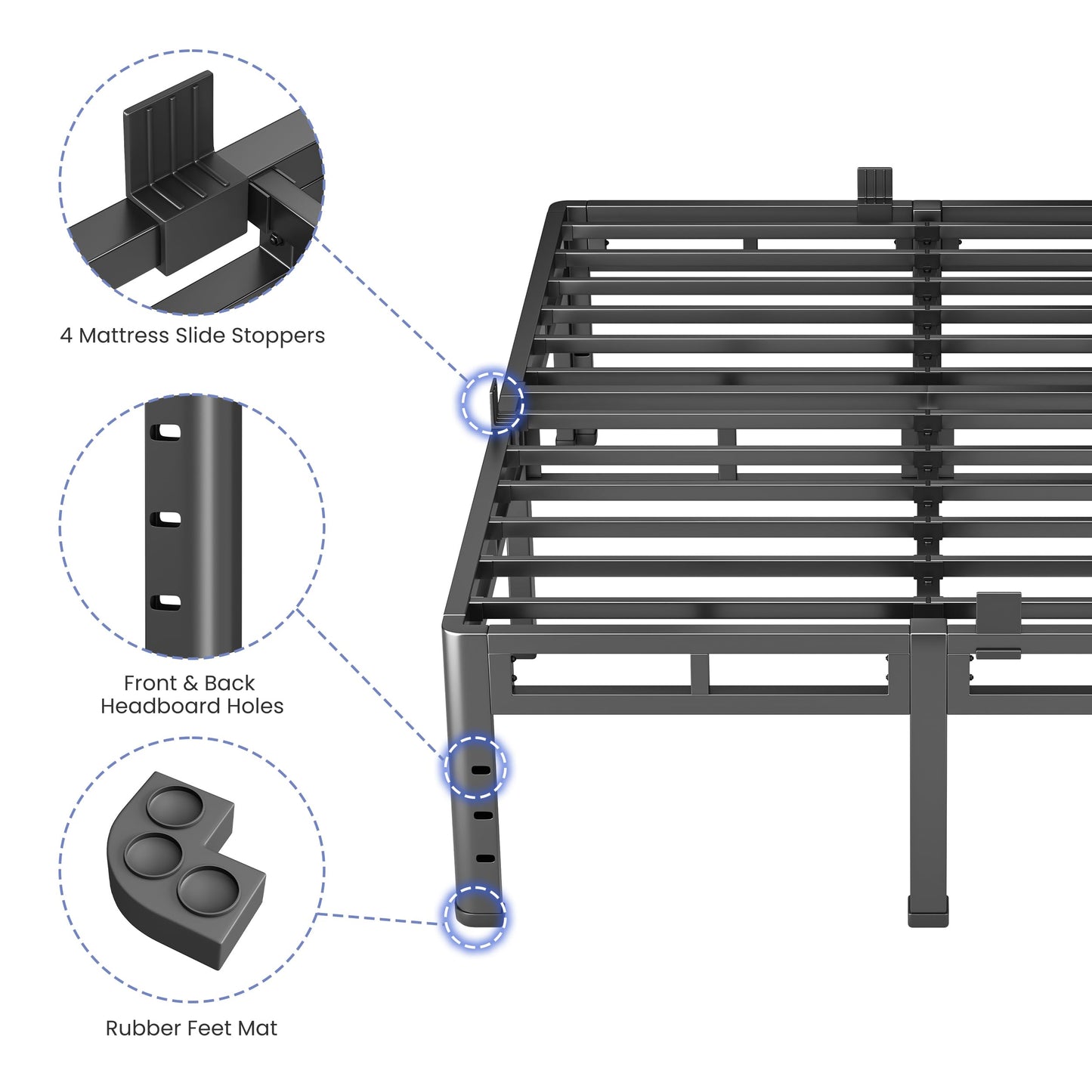 NKZ 18 Inch Queen Size Bed Frame, Metal Bed Frame & Box Spring 2 in 1 Platform with Round Corner Legs, 4000Lbs Heavy Duty Metal Frame, Mattress Slide Stopper, Headboard Hole, Noise-Free, Easy Assembly