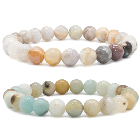 Bivei Natural Gemstone Semi Precious Crystals Handmade Stretchy Round Beads Bracelet, Enhance Positive Energy,Stocking Stuffers for Women(Bamboo Leaf Agate & Amazonite (Good Luck) Large)