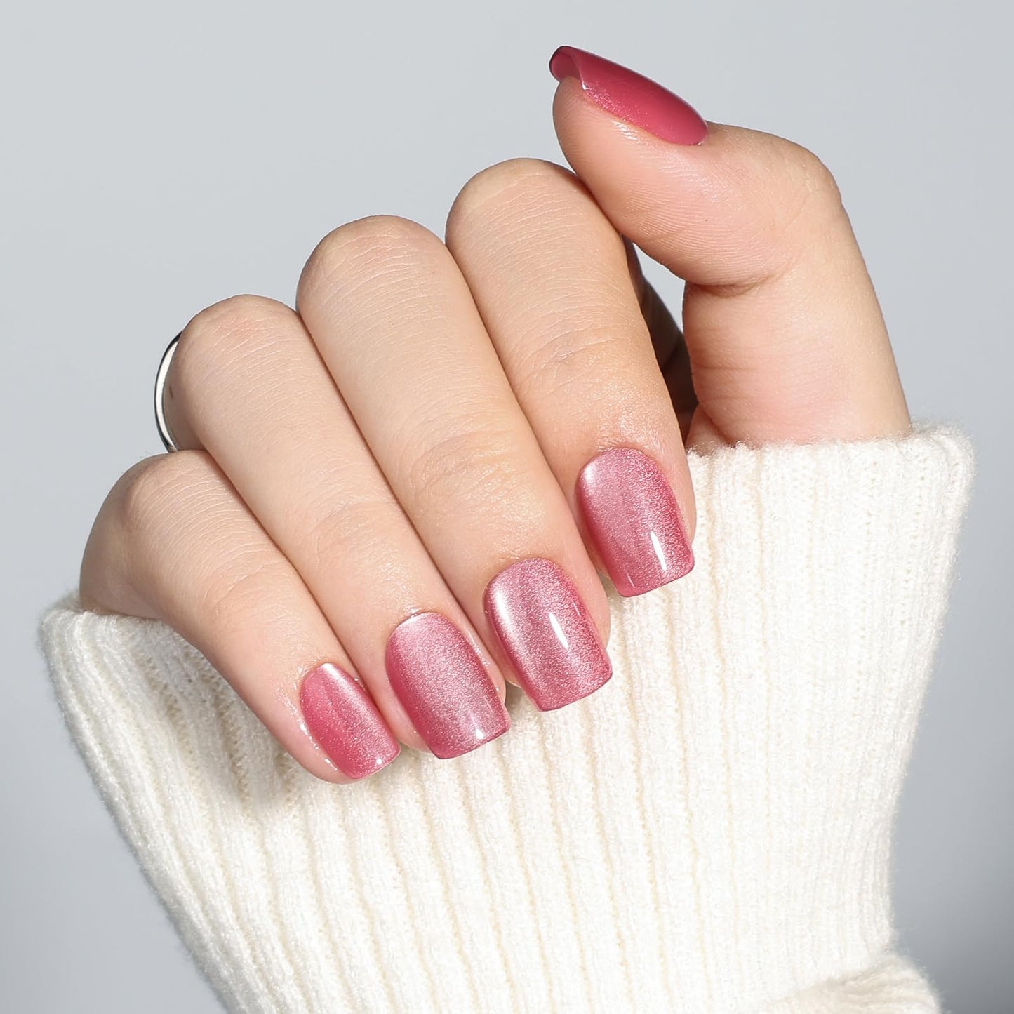 Cat Eye Press On Nails - Rose Pink Press On Nails, Short Square Nails Press Ons for Women Fake Nails with Glue, Glossy Reusable Glue on Nail in 15 Sizes - 30pcs