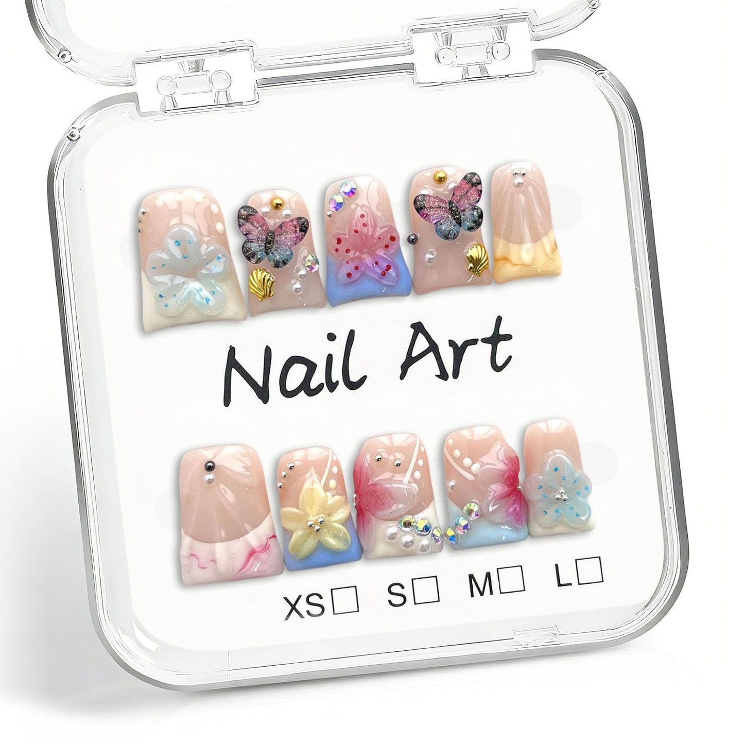 Duckbill Shape Handmade Press on Nails Kit French Flower Nails with 3D Butterfly Pearl Designs Glossy Fake Nails Elegant Short Duck Fake Nail Salon Quality Stick on Nail for Women (M)