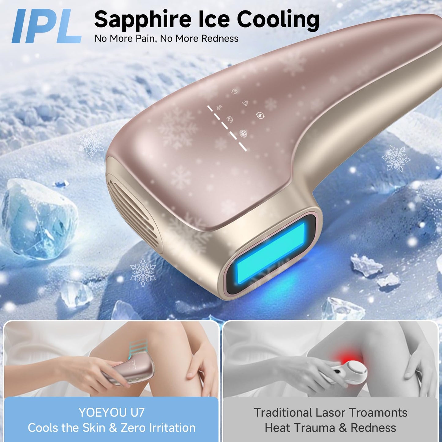 Painless IPL Laser Hair Removal for Women & Men, 39°F Sapphire Ice Cooling Technology, At-Home Laser Hair Removal Device for Face, Armpits, Legs, Bikini & Whole Body, Long-Lasting Results
