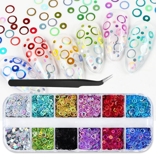 1 Box 12 Color Holographic Hollow Circle Nail Glitter Red Purple Nail Sequins 3D Laser Silver Nail Flakes Sparkly Powder Flakes Shiny Nail Glitter Colorful Nail Sequins Glitter for Nails Art 12 Grids