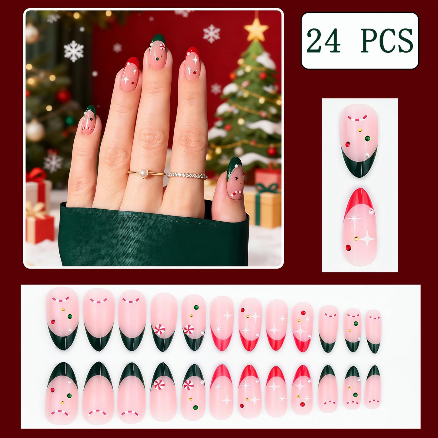 WEIXIWUYU Christmas French Tips Press on Nails Short Almond Fake Nails with Red Green White Rhinestones Designs Full Cover Red Green French Acrylic Nails for Women Girls Manicure Decoration 24Pcs